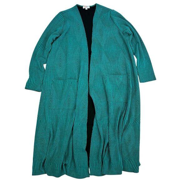 Lularoe Sarah Cardigan Duster Sweater Teal Black Lined Size S Open Front Pockets - Picture 1 of 12